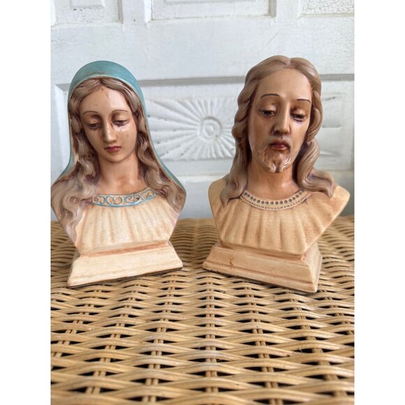 Vintage 60's Ceramic Busts Statues Jesus And Mary Religious Decor - Picture 8 of 10